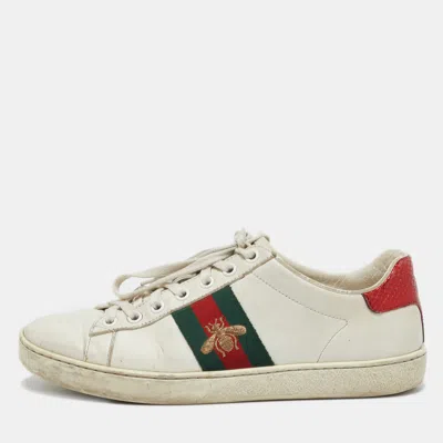 Pre-owned Gucci White Leather Bee Embroidered Ace Web Low Top Sneakers Size 37
