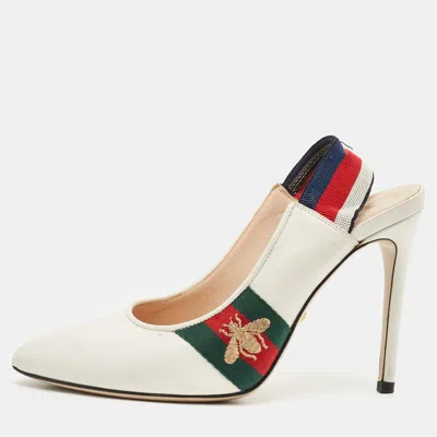 Pre-owned Gucci White Leather Bee Web Detail Sylvie Slingback Pumps Size 36.5