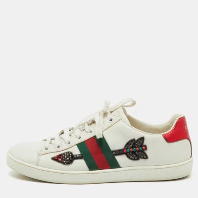 Pre-owned Gucci White Leather Crystal Embellished Arrow Ace Low Top Sneakers Size 38