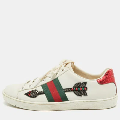 Pre-owned Gucci White Leather Embellished Arrow Ace Sneakers Size 37
