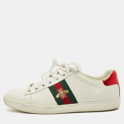 Pre-owned Gucci White Leather Embroidered Bee Ace Low Top Sneakers Size 37.5