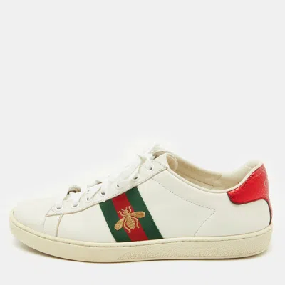 Pre-owned Gucci White Leather Embroidered Bee Ace Low Top Sneakers Size 37.5