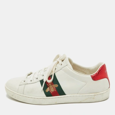 Pre-owned Gucci White Leather Embroidered Bee Ace Sneakers Size 37