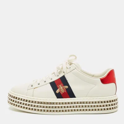 Pre-owned Gucci White Leather Embroidered Bee Crystal Embellished Platform New Ace Sneakers Size 38