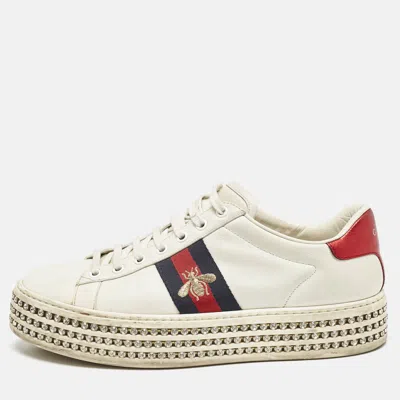 Pre-owned Gucci White Leather Embroidered Bee Crystal Embellished Platform New Ace Sneakers Size 39.5