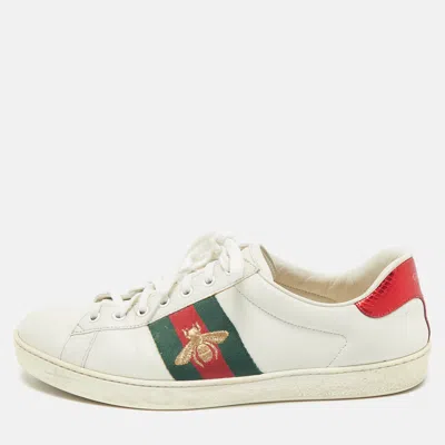 Pre-owned Gucci White Leather Embroidered Bee Web Ace Low Top Sneakers Size 43.5
