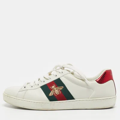 Pre-owned Gucci White Leather Embroidered Bee Web Ace Sneakers Size 40.5