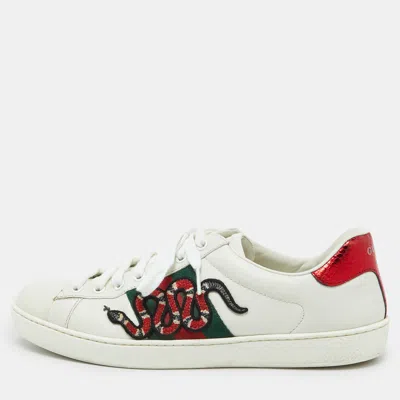 Pre-owned Gucci White Leather Embroidered Snake Ace Sneakers Size 41.5