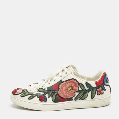 Pre-owned Gucci White Leather Floral Embroidered Ace Low Top Sneakers Size 35