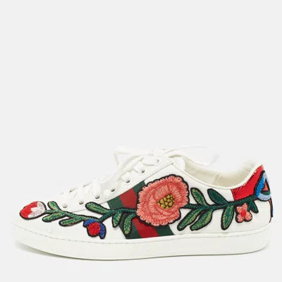 Pre-owned Gucci White Leather Floral Embroidered Ace Trainers Size 35.5