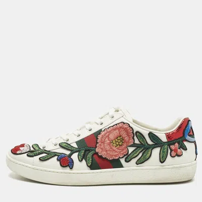 Pre-owned Gucci White Leather Floral Embroidered Ace Sneakers Size 38.5