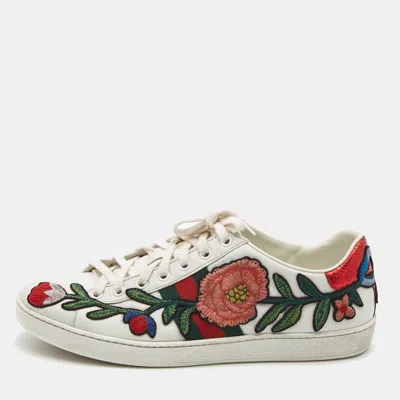 Pre-owned Gucci White Leather Floral Embroidered Ace Sneakers Size 39.5