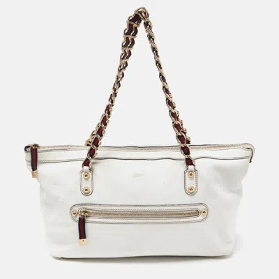 Pre-owned Gucci White Leather Front Zip Chain Tote