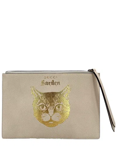 Gucci White Leather Garden Clutch (authentic Pre-loved) In Neutral