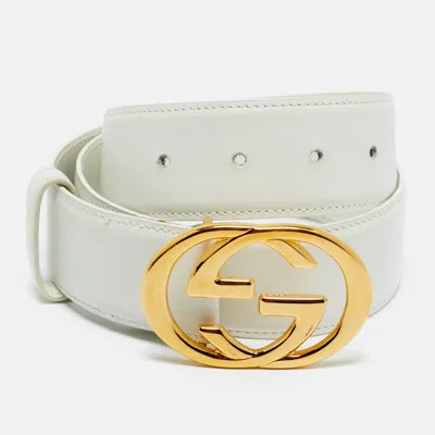 Pre-owned Gucci White Leather Interlocking G Buckle Belt 85cm