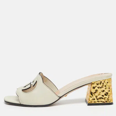 Pre-owned Gucci White Leather Interlocking G Slide Sandals Size 38