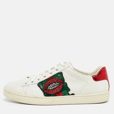 Pre-owned Gucci White Leather Lip Ace Low Top Sneakers Size 36.5