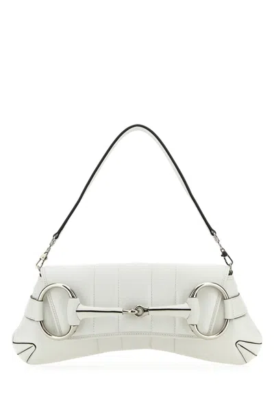 Gucci White Leather Medium  Horsebit Chain Clutch In 9014