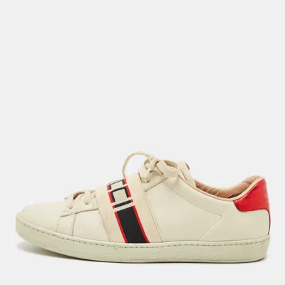 Pre-owned Gucci White Leather New Ace Logo Strap Sneaker Size 38