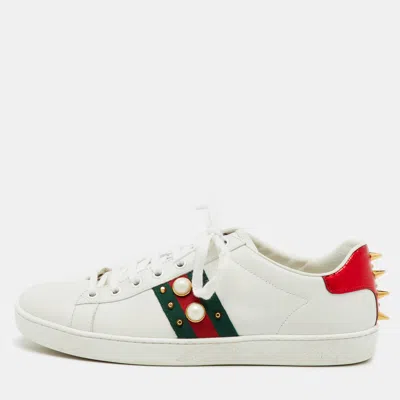 Pre-owned Gucci White Leather New Ace Web Faux Pearl Embellished Low Top Sneakers Size 40