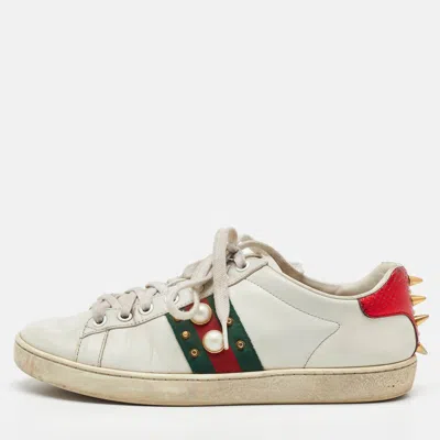 Pre-owned Gucci White Leather Pearl Embellished Ace Low Top Sneakers Size 37