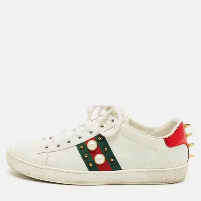 Pre-owned Gucci White Leather Pearl Embellished Ace Sneakers Size 37