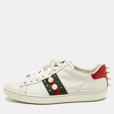 Pre-owned Gucci White Leather Pearl Studded Ace Sneakers Size 37.5