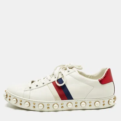 Pre-owned Gucci White Leather Pearl Studded Ace Sneakers Size 41