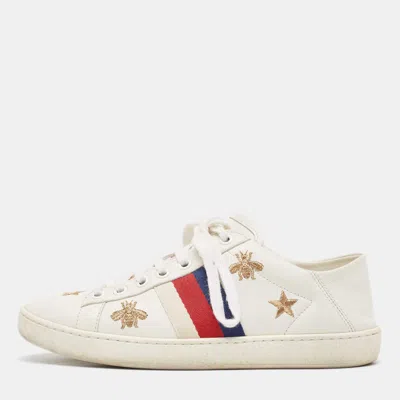 Pre-owned Gucci White Leather Star Ace Low Top Sneakers Size 34.5