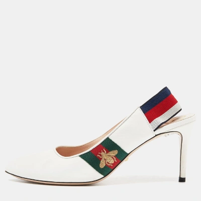 Pre-owned Gucci White Leather Sylvie Accent Slingback Pumps Size 39