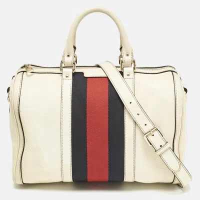 Pre-owned Gucci White Leather Vintage Web Medium Boston Bag