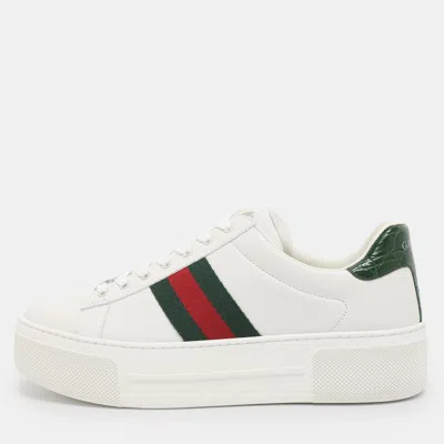 Pre-owned Gucci White Leather Web Ace Platform Sneakers Size 38