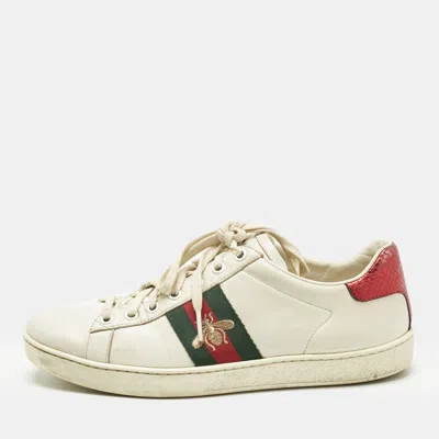 Pre-owned Gucci White Leather Web Ace Sneakers Size 37.5