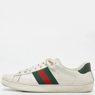 Pre-owned Gucci White Leather Web Detail Ace Low Top Sneakers Size 43