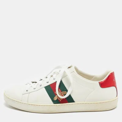 Pre-owned Gucci White Leather Web Detail Bee Embroidered Ace Low Top Sneakers Size 35.5