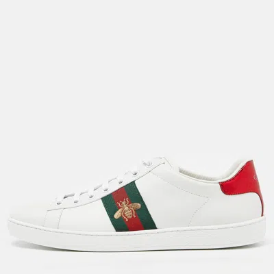 Pre-owned Gucci White Leather Web Detail Bee Embroidered Ace Low Top Sneakers Size 40