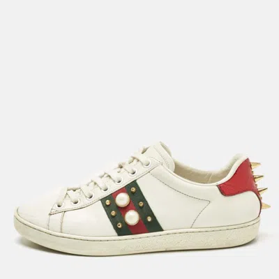 Pre-owned Gucci White Leather Web Detail New Ace Faux Pearl Embellished Low Top Sneakers Size 36