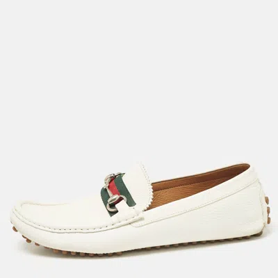Pre-owned Gucci White Leather Web Slip On Loafers Size 41