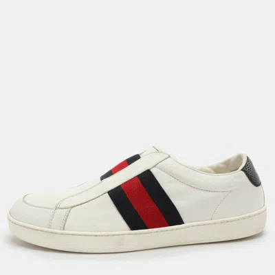 Pre-owned Gucci White Leather Web Slip On Sneakers Size 43