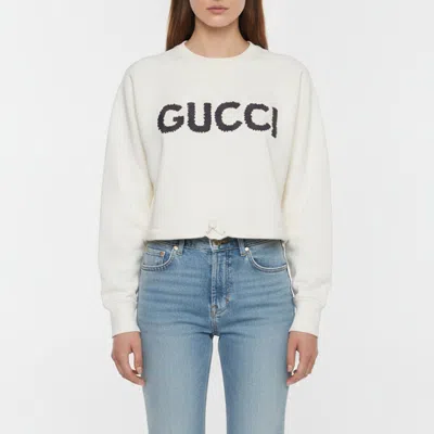 Pre-owned Gucci White Logo Embroidered Jersey Drawstring Waist Sweatshirt Xxs