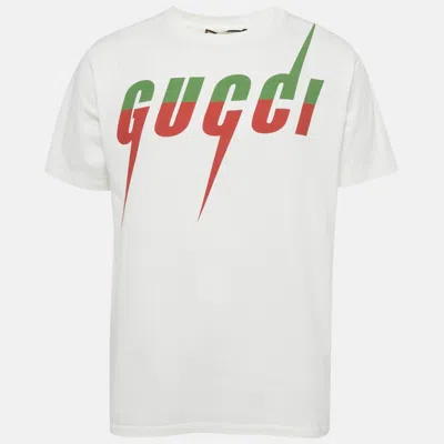 Pre-owned Gucci White Logo Print Cotton Jersey Crewneck T-shirt S
