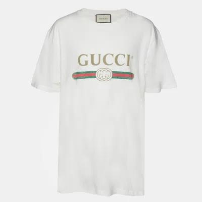 Pre-owned Gucci White Logo Print Cotton Round Neck T-shirt L