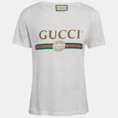 Pre-owned Gucci White Logo Print Cotton Round Neck T-shirt Xs
