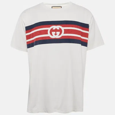Pre-owned Gucci White Logo Print Jersey Crew Neck T-shirt S