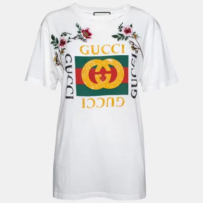 Pre-owned Gucci White Logo Printed & Embroidered Cotton Distressed T-shirt Xs