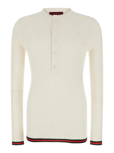 Gucci White Long Sleeved Top In Rib Silk Man In Multicolor
