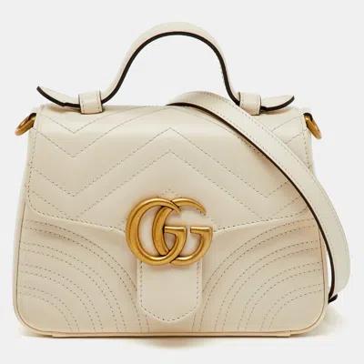 Pre-owned Gucci White Matelassé Leather Mini Gg Marmont Top Handle Bag