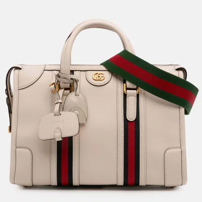Pre-owned Gucci White Medium Calfskin Web Bauletto Top Handle Bag