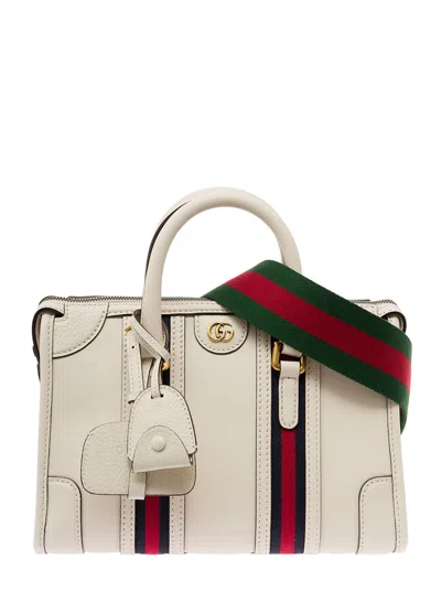 Gucci White Medium Duffle Bag With Gg Logo And Web Motif In Leather Woman