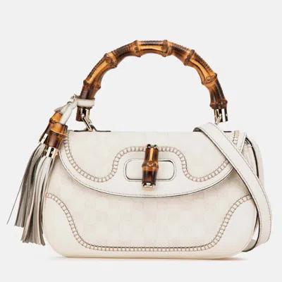 Pre-owned Gucci White Medium Gg Canvas New Bamboo Satchel